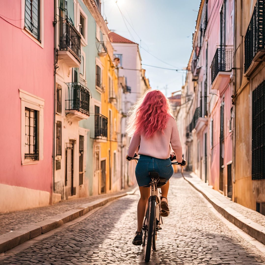 cycling in Lisbon - travel blogger with pink hair