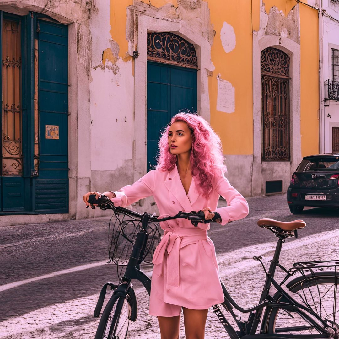 cycling in Lisbon - travel blogger with pink hair