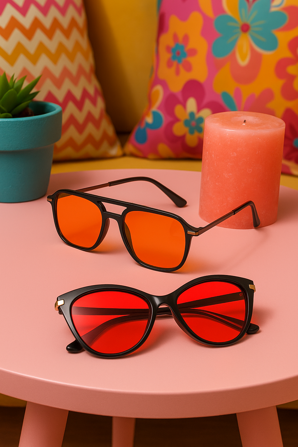Two pairs of Night Ease Sleep Glasses with red and orange lenses displayed on a colorful Stephi-style background