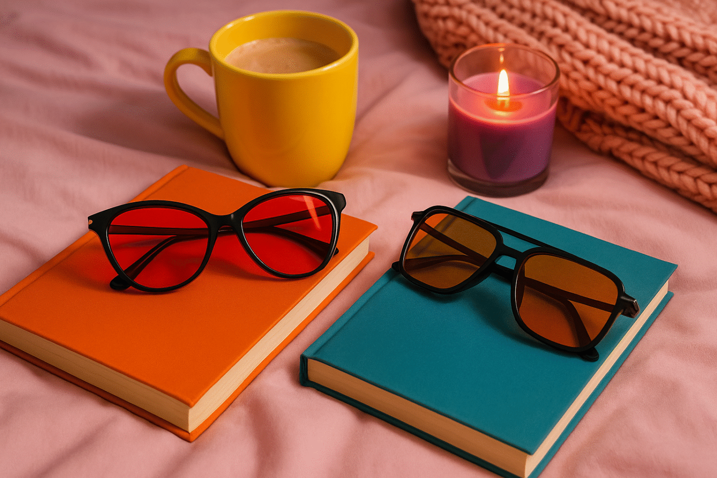 Two pairs of Night Ease Sleep Glasses, red and orange lens models, displayed in a vibrant, colorful Stephi-style scene