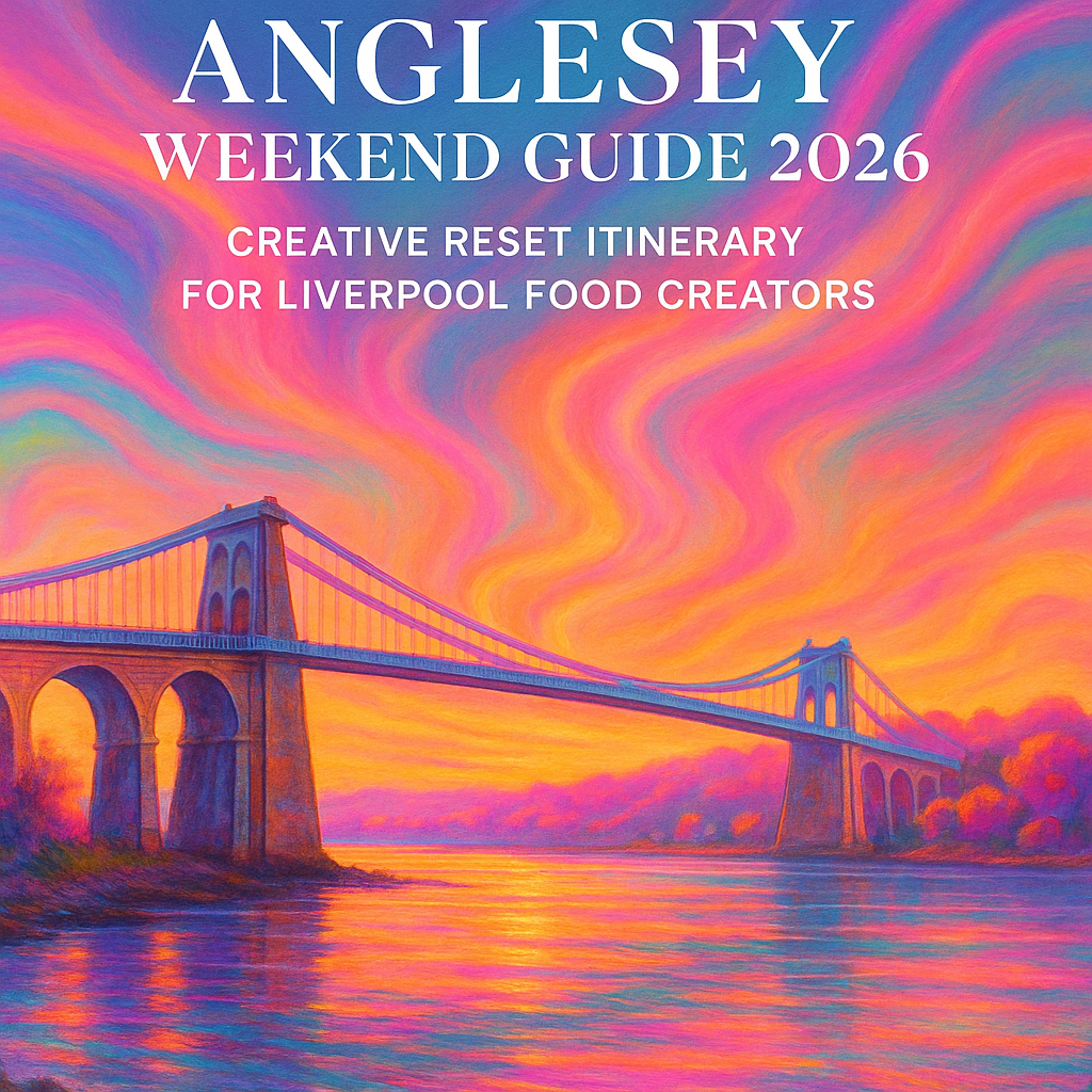 Editorial style blog header showing Menai Suspension Bridge in Anglesey with rainbow aura skies and psychedelic colours