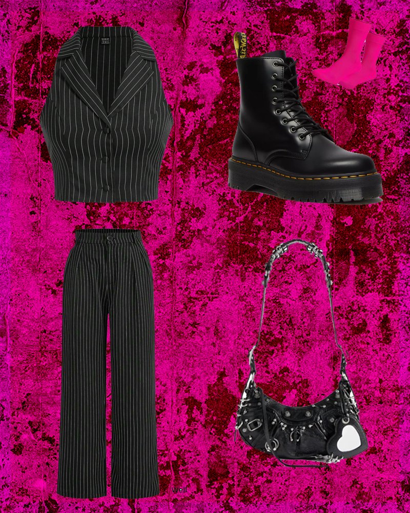 a yungblud inspired outfit for his movie screening it shows pinstripe two piece suit and doc Martens