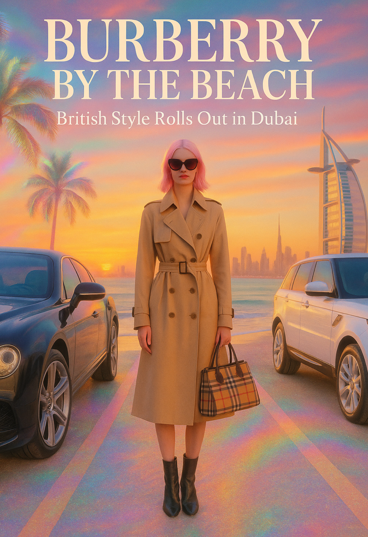 Woman in a Burberry trench coat with pink hair standing between a black Bentley and a white Range Rover on Jumeirah Beach at sunset, Burj Al Arab in the background, styled like a luxury fashion editorial.
