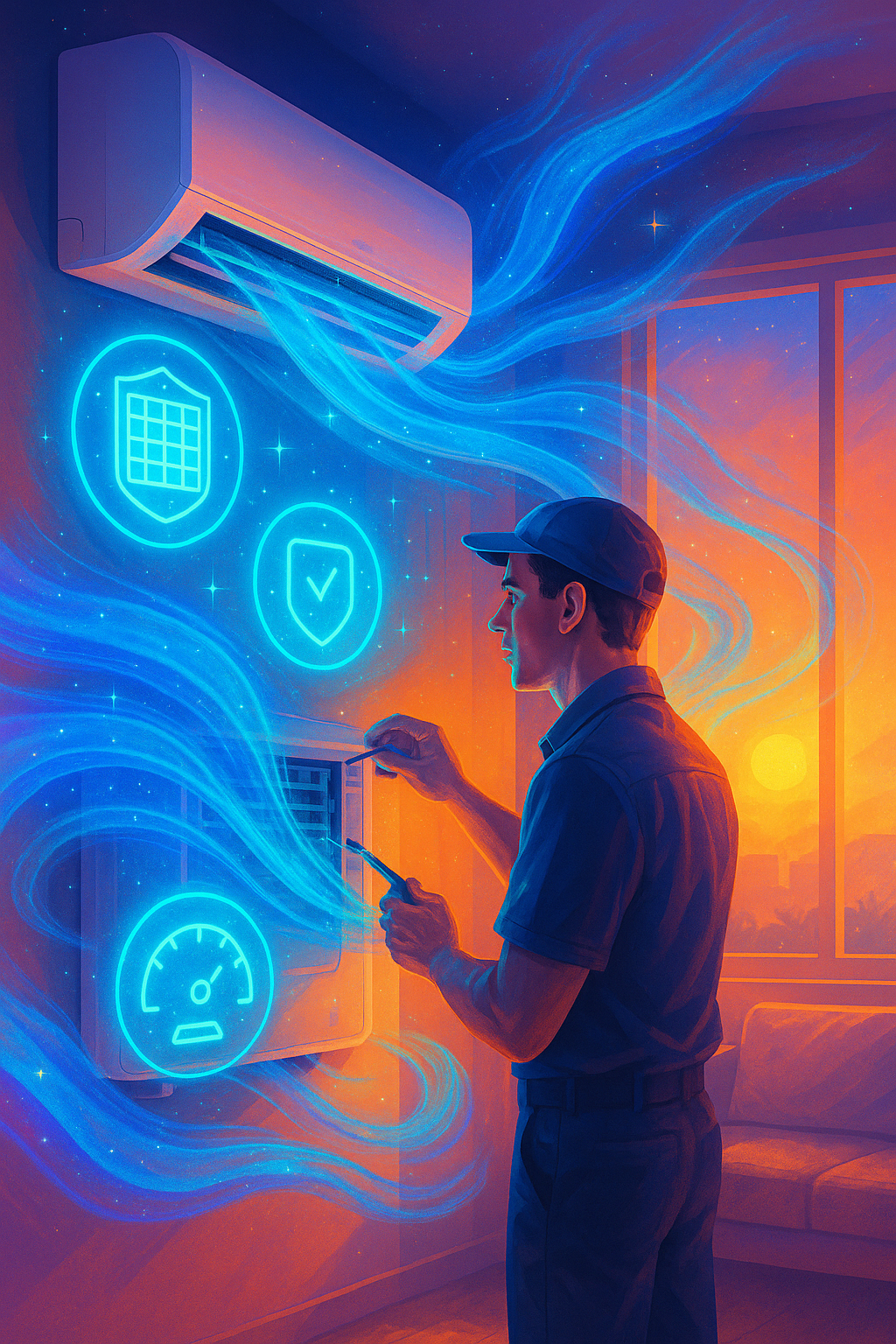 Futuristic Stephi-style illustration of a technician servicing a glowing air conditioner, with cosmic blue airflow ribbons and neon holographic icons symbolizing clean filters, energy efficiency, and protection against repairs.