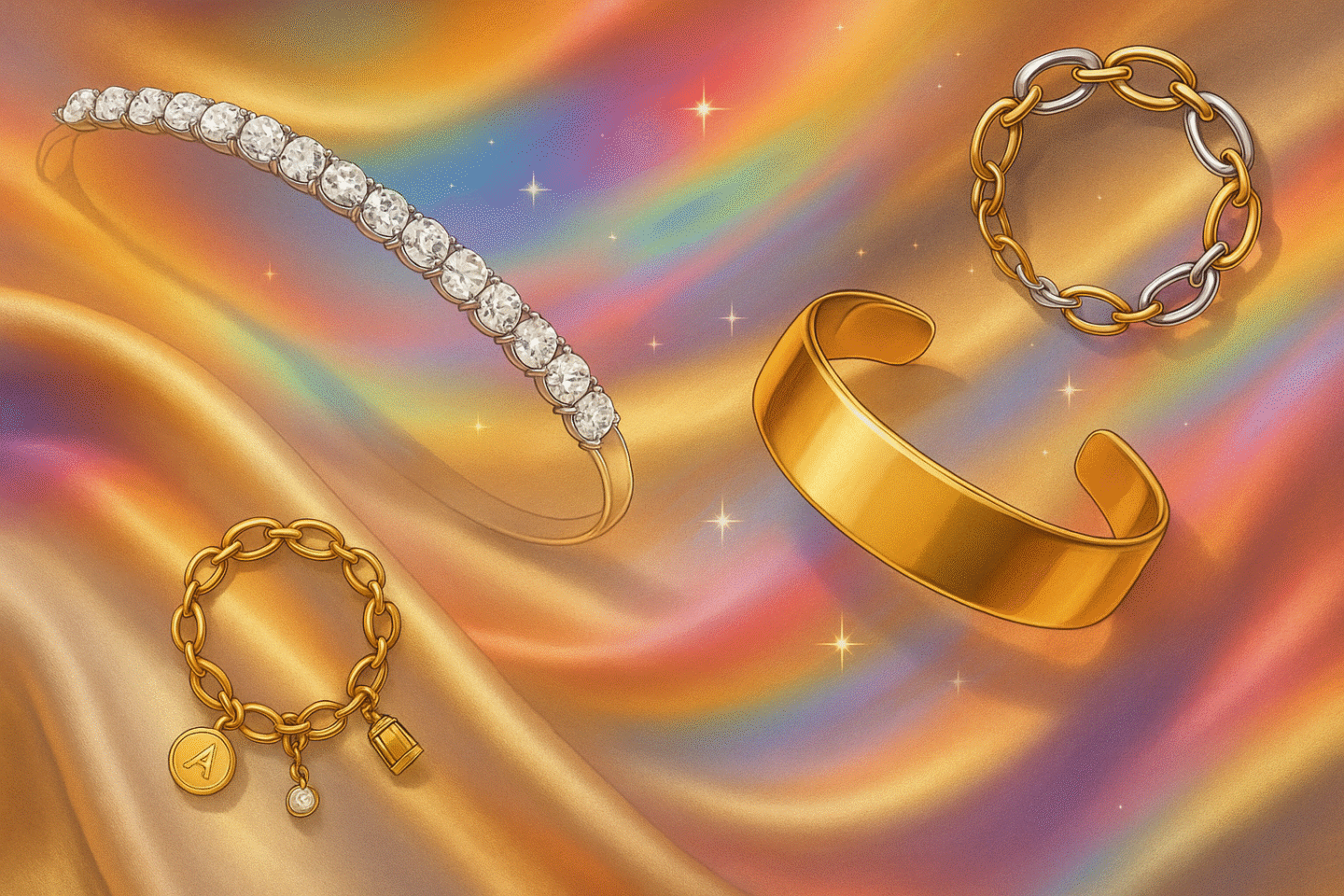 Editorial artwork of luxury bracelets on golden silk with rainbow aura glow—diamond tennis bracelet, sculptural gold cuff, charm bracelet with tokens, and mixed-metal chain styled in a cosmic luxury aesthetic