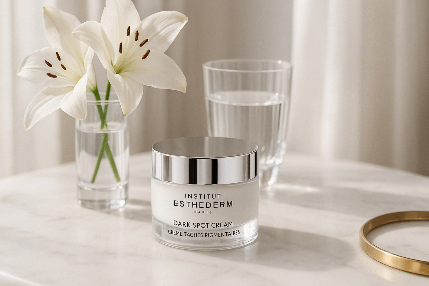 Luxury editorial photograph of Institut Esthederm dark spot cream on a marble vanity with natural light and elegant details