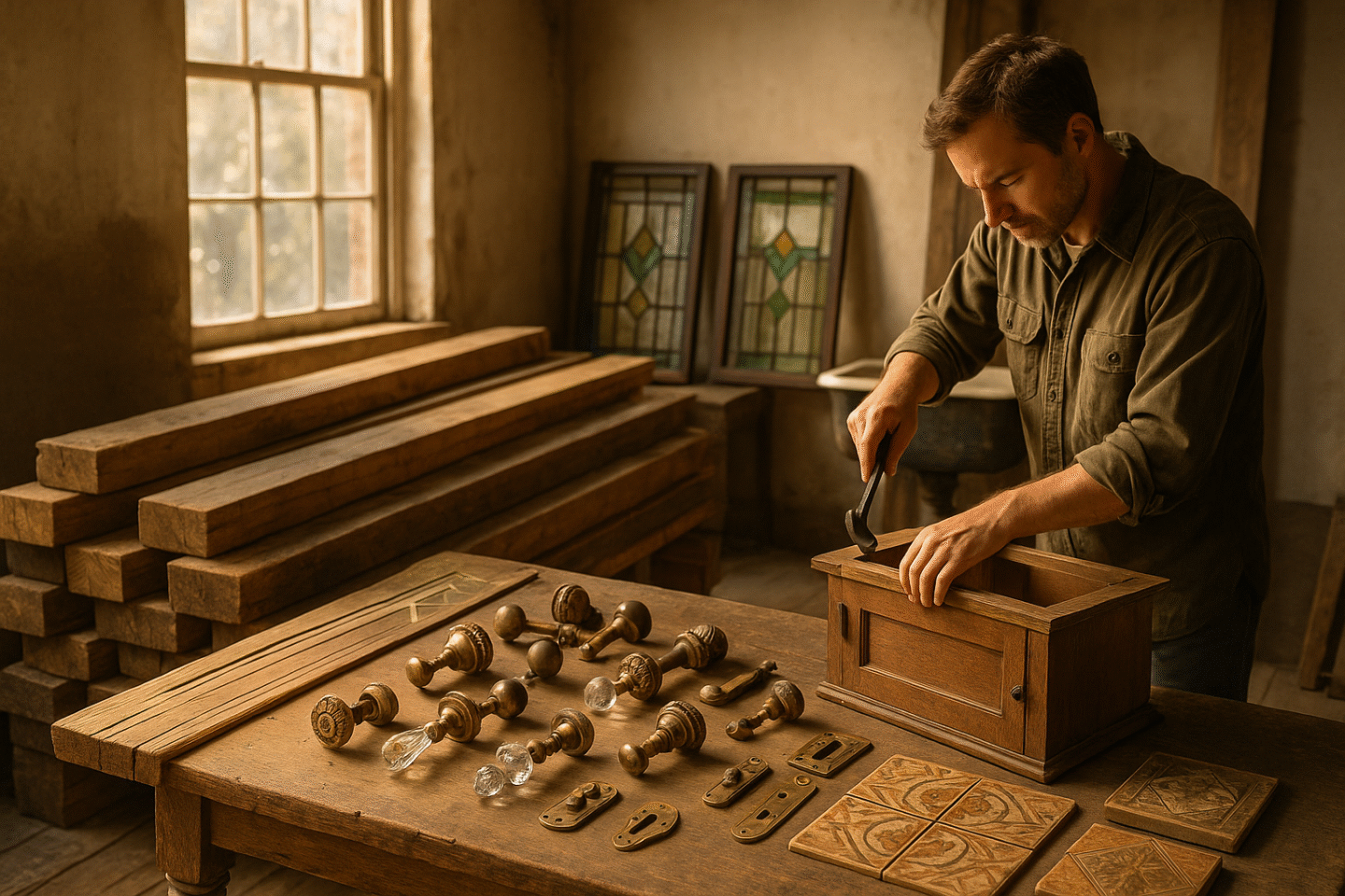 Editorial photograph of reclaimed wood, stained glass, and vintage fixtures salvaged from an old house for recycling and reuse