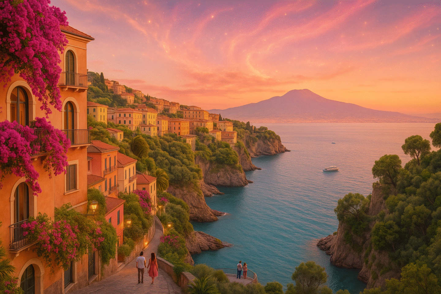 Golden-hour view of Sorrento’s colorful cliffside villas with cascading bougainvillea, overlooking the turquoise Mediterranean Sea and Mount Vesuvius in the distance, with couples strolling along romantic coastal pathways.