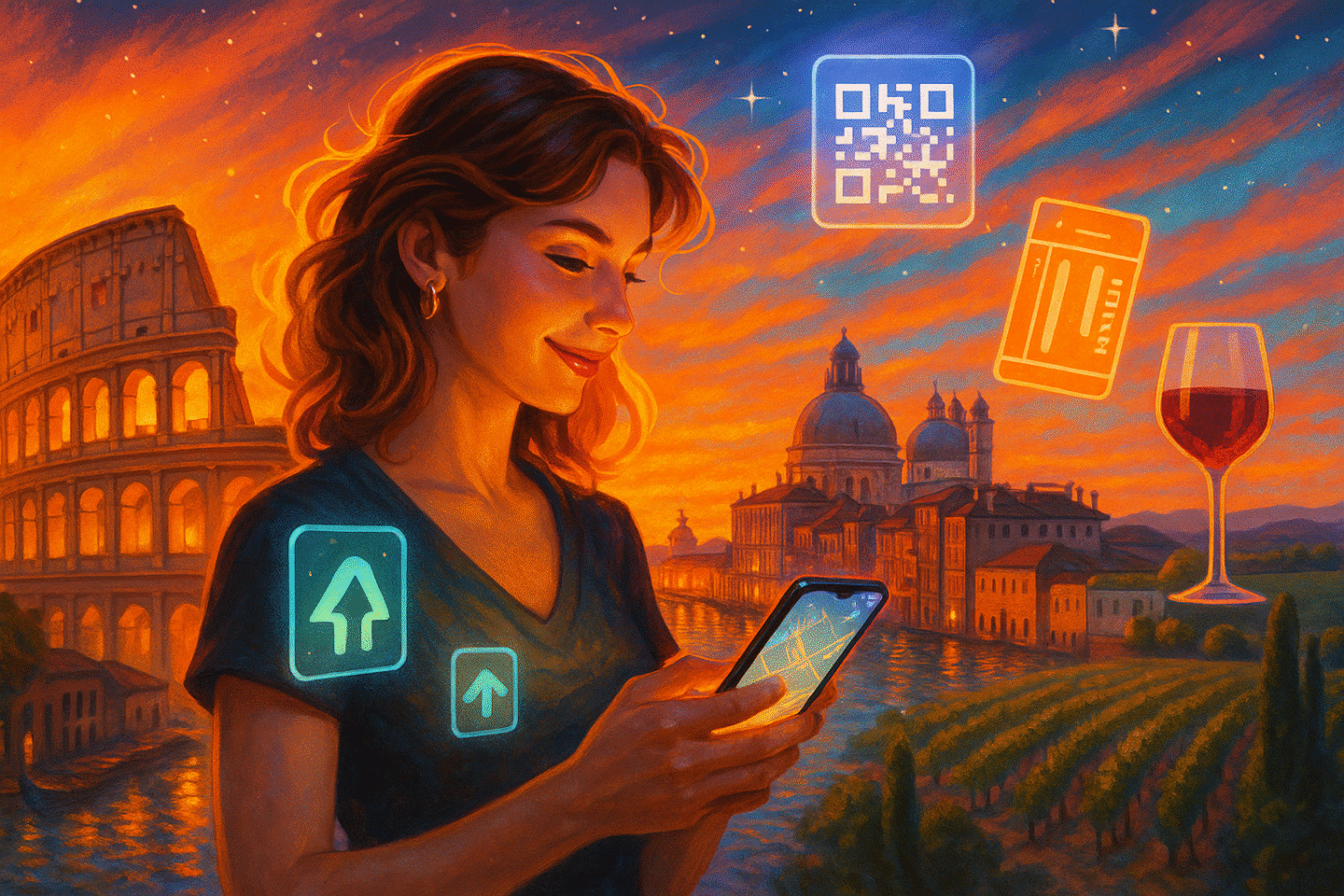 Digital artwork of a traveler in Italy holding a glowing smartphone, with the Colosseum, Venetian canals, and Tuscan vineyards in the background at sunset. Floating holographic icons of a QR code, train ticket, map arrows, and a glass of wine symbolize seamless connectivity with eSIM io.