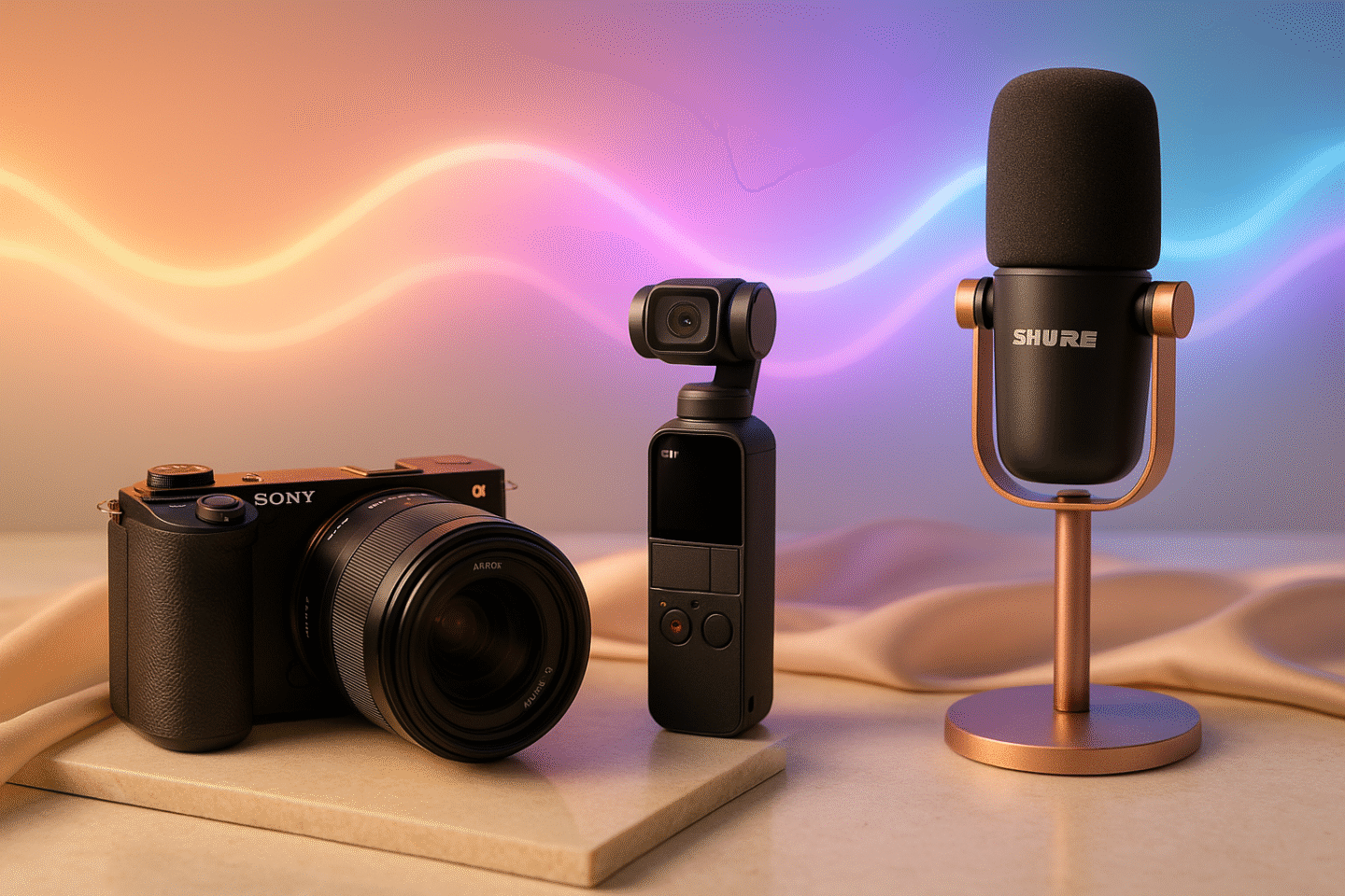 Editorial lifestyle setup showing the best creator tools for 2026, including Sony ZV-E10 II, DJI Osmo Pocket 3, Shure MV7+ mic, and Nanoleaf neon smart panels.
