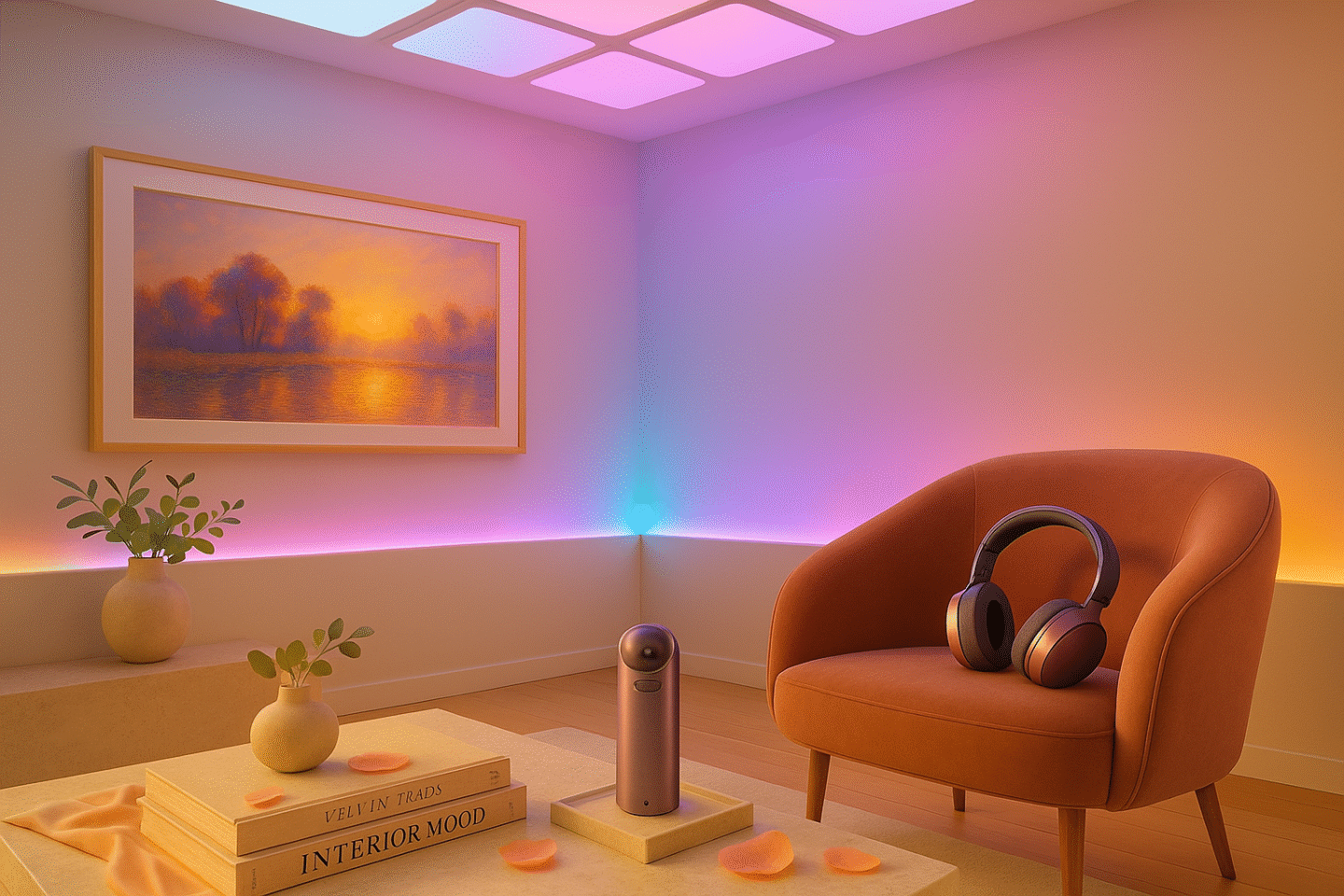 Chic lifestyle living room with the best smart home devices of 2026, including Nanoleaf Skylight panels, Samsung Frame TV, Dyson Zone 2 headphones, and Philips Hue gradient strips.
