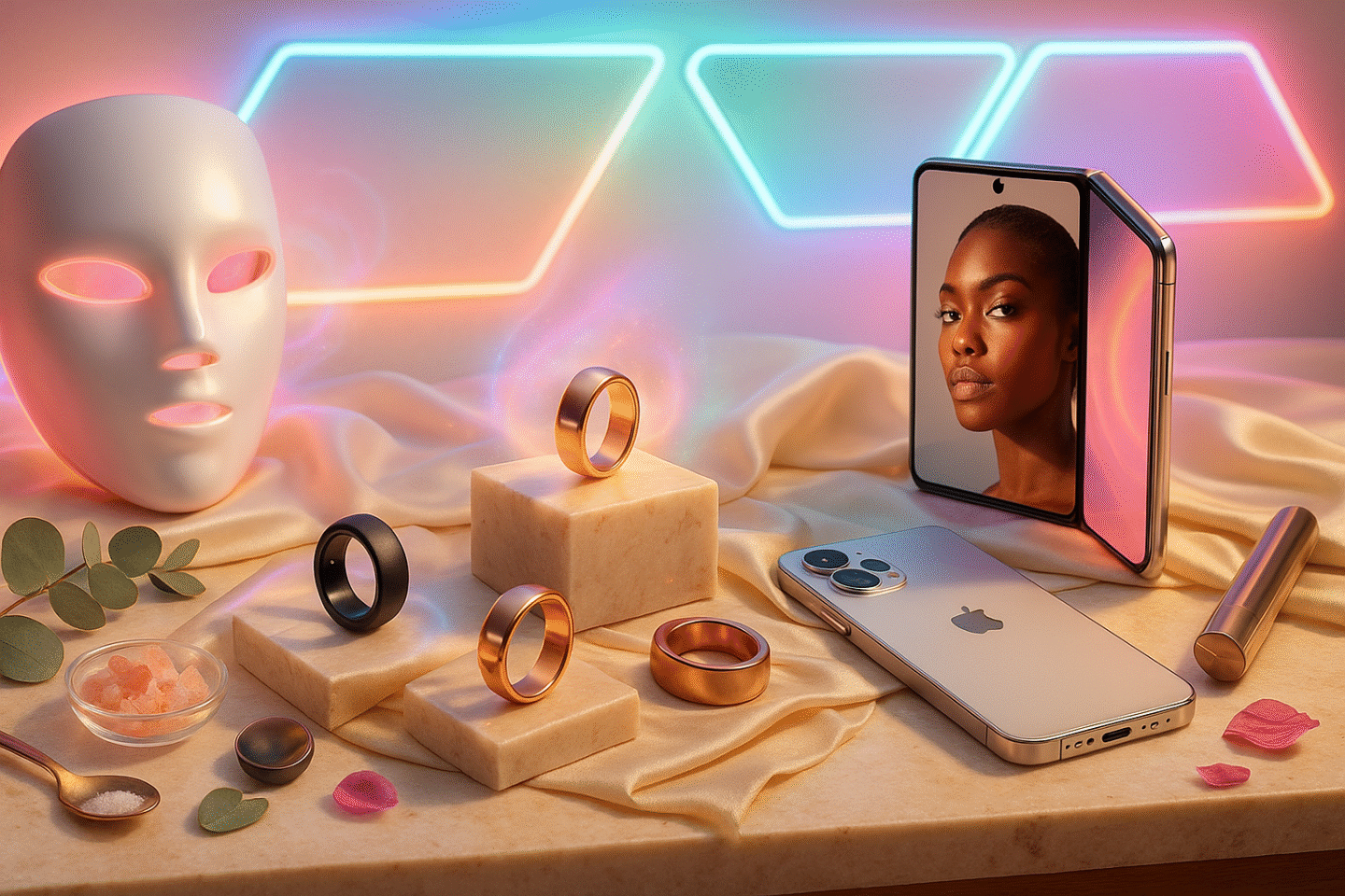 Editorial flatlay of the best tech gadgets for 2026, including smart rings, foldable smartphones, neon panels, and beauty devices styled with cosmic pastel aura lighting.