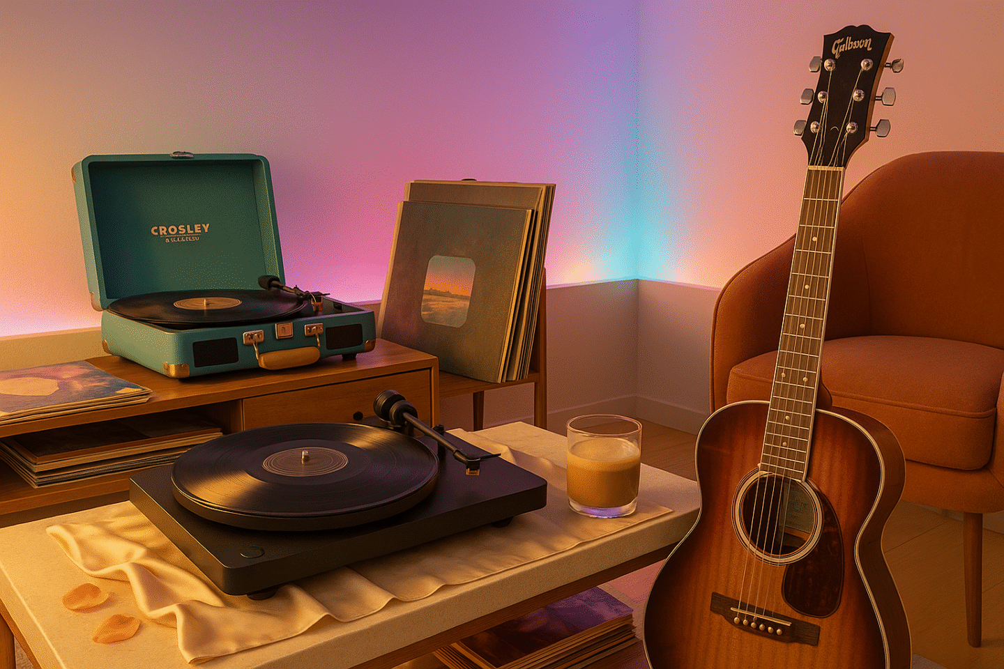 Editorial lifestyle image of the best retro music gadgets for 2026, featuring Pro-Ject T1 vinyl player, Crosley C-Series, and Gibson Heritage guitar in a chic home studio setting.
