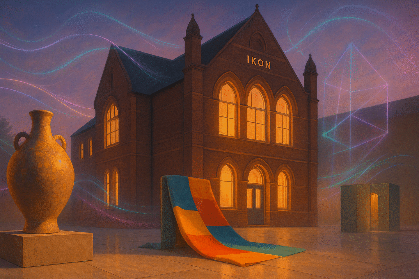 twilight Ikon Gallery scene with holographic lighting and textiles