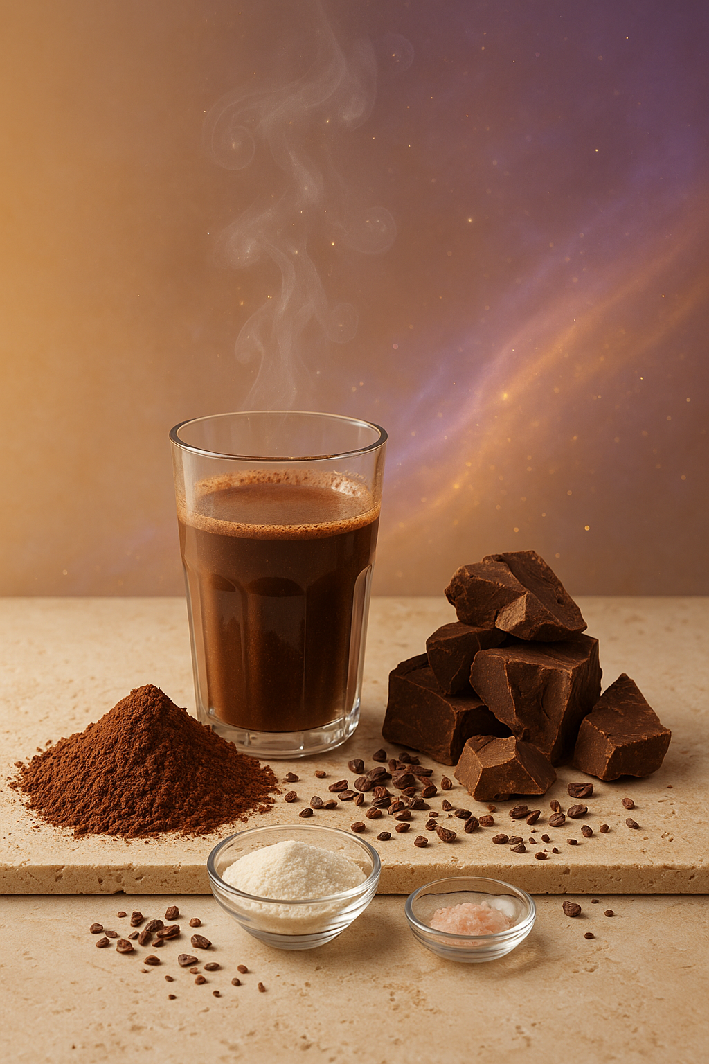Macro still-life of cacao powder and ceremonial chunks on cream travertine with subtle cosmic sparkles and a small dish of collagen and pink salt.