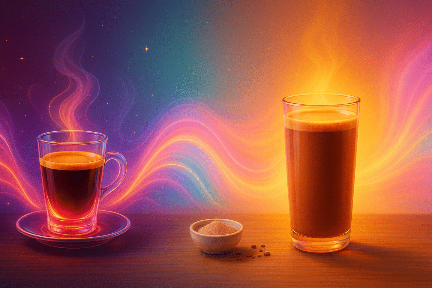 Artistic split scene showing neon espresso energy versus candle-glow cacao, connected by flowing pastel cosmic waves.