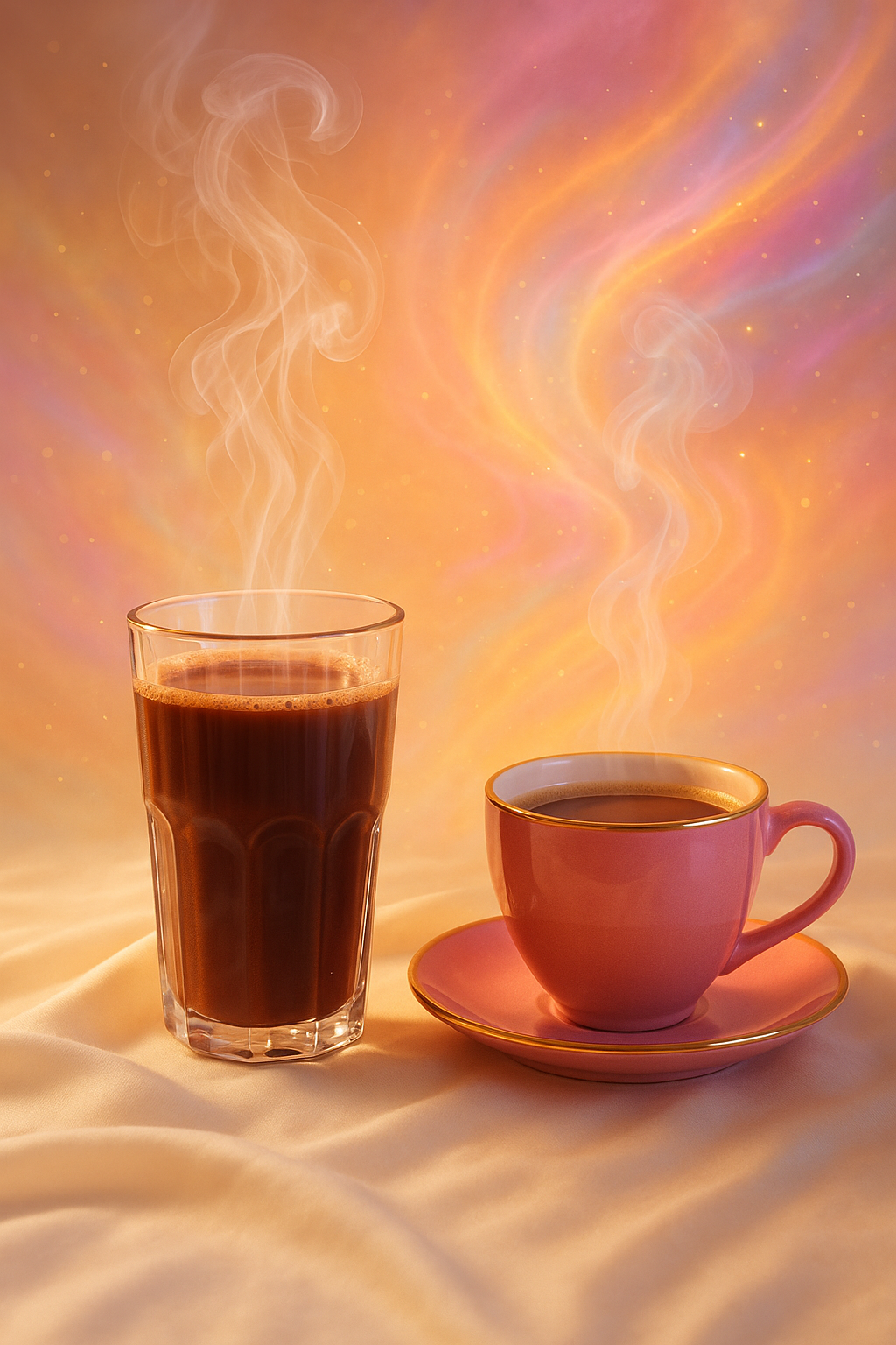 A tall glass of cacao and a rose-gold coffee cup steaming against a bright cosmic background with golden, pink, and lavender swirls, styled in an editorial, colourful Stephi vibe.