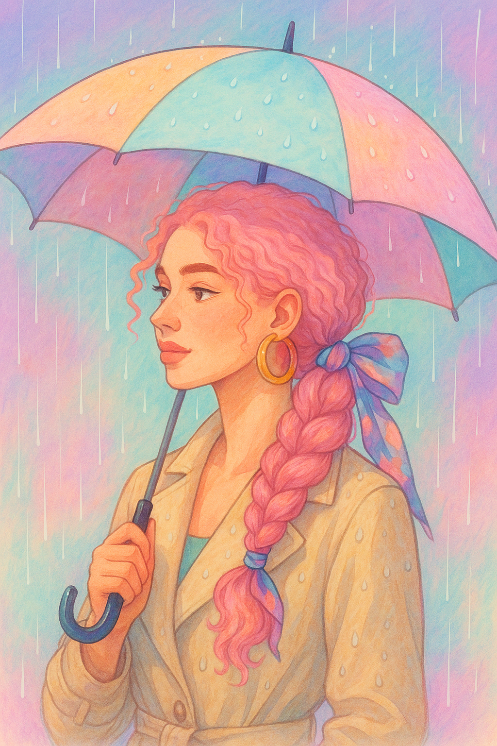 Woman with light pink naturally curly hair in a braid with silk scarf, weather-proof hairstyle for rain in the UK.