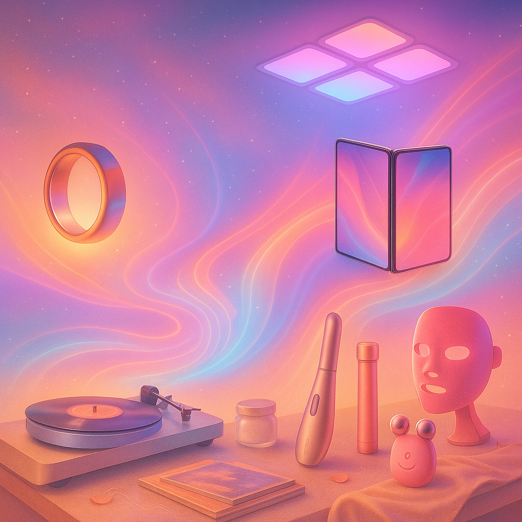Surreal artistic collage of futuristic gadgets in 2026, including smart rings, foldable smartphones, neon smart homes, beauty devices, and vinyl players connected by pastel cosmic light waves.
