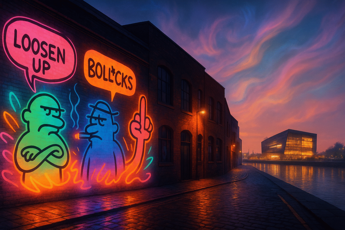 Vibrant editorial artwork of Liverpool’s Baltic Triangle at night, with glowing Modern Toss-inspired neon murals and RIBA North glowing by the Mersey.