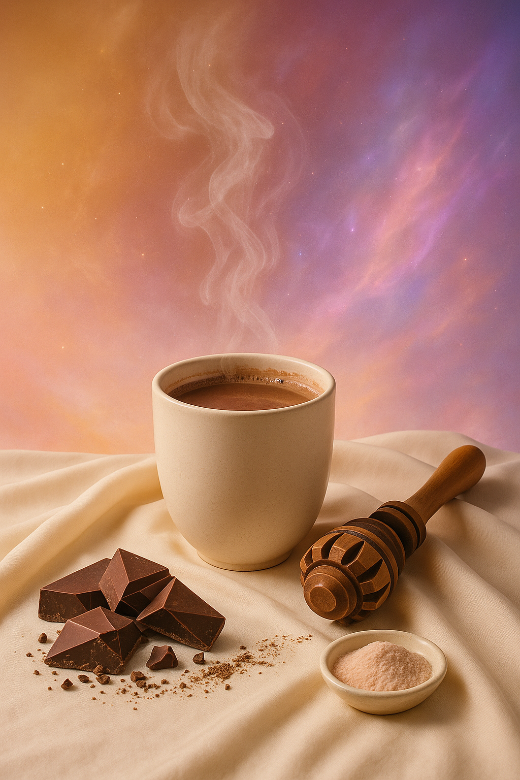 Modern still-life of a ceramic cacao cup with a molinillo whisk on cream silk, glowing with a subtle cosmic aura.