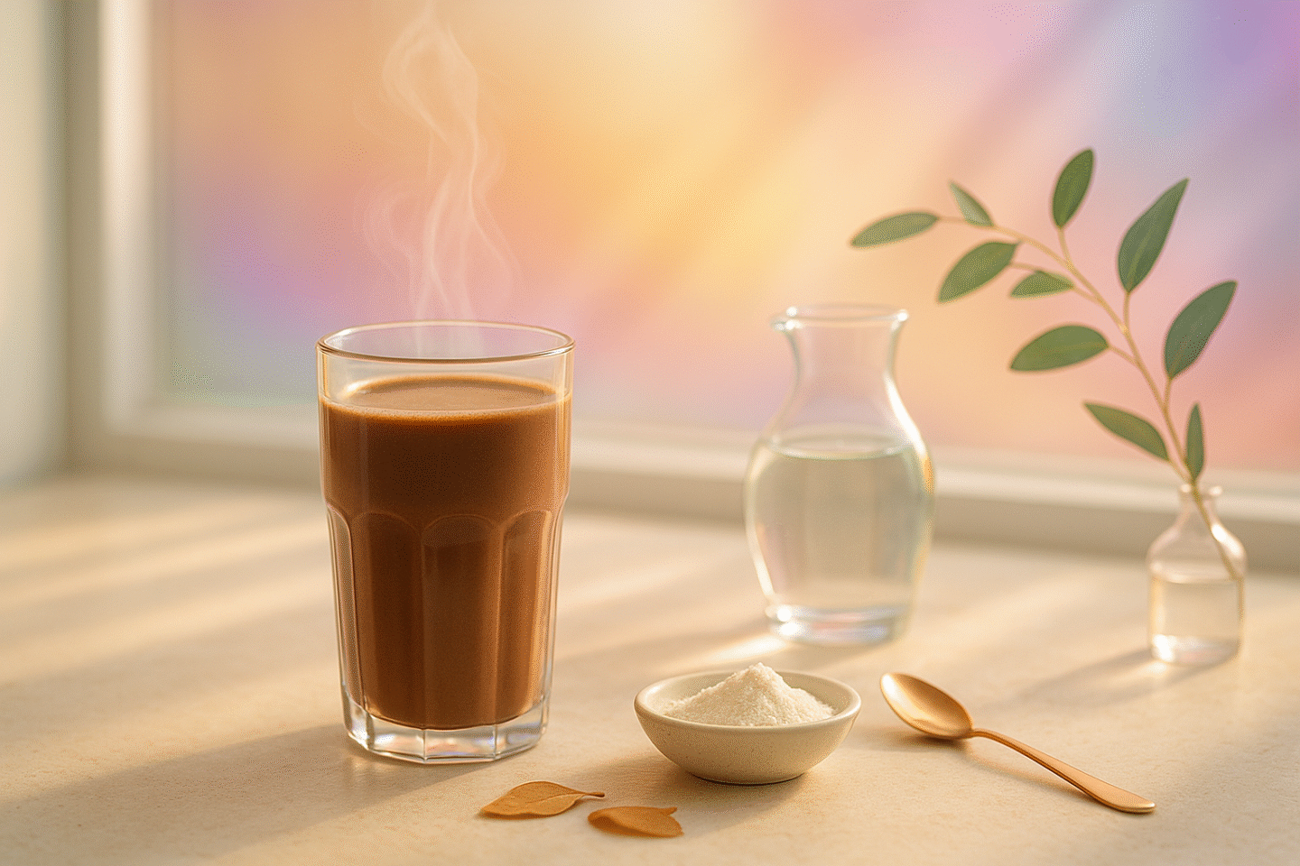 Sunlit breakfast scene with a tall glass of cacao, collagen in a small dish, and soft pastel aura colours for a bright, energising vibe.