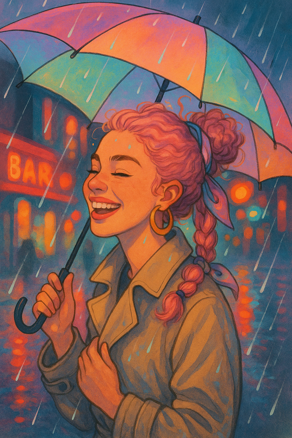 Woman with light pink naturally curly hair styled in a bun, smiling in the rain at Liverpool’s Baltic Triangle.
