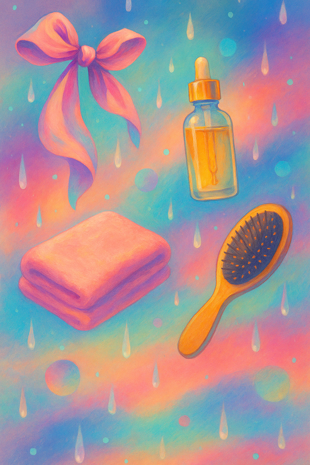 Aura gradient Pinterest infographic background with haircare elements floating in rain.
