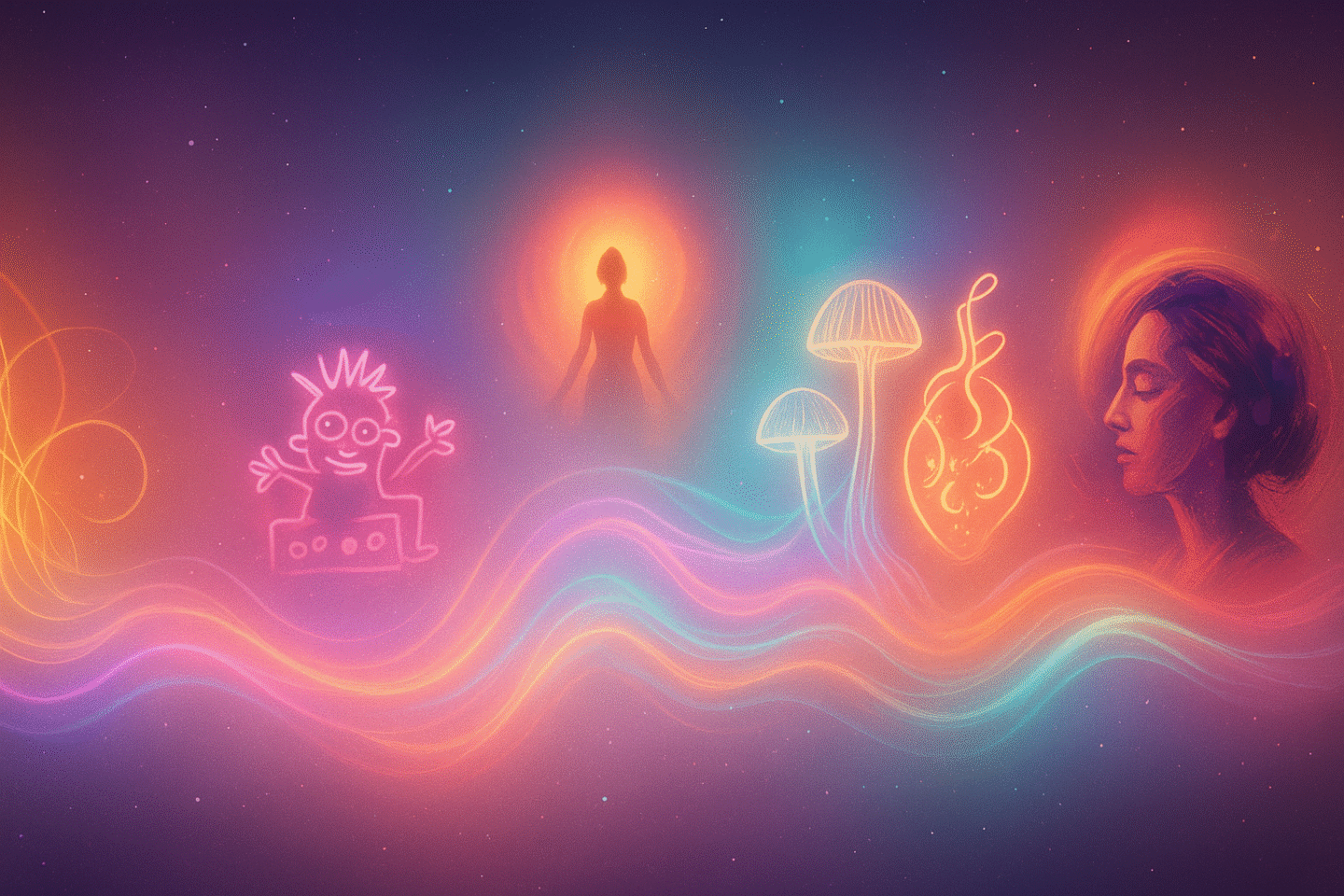 Cosmic editorial artwork symbolising UK art exhibitions 2025/2026, with glowing city auras and pastel light waves flowing across an abstract landscape.