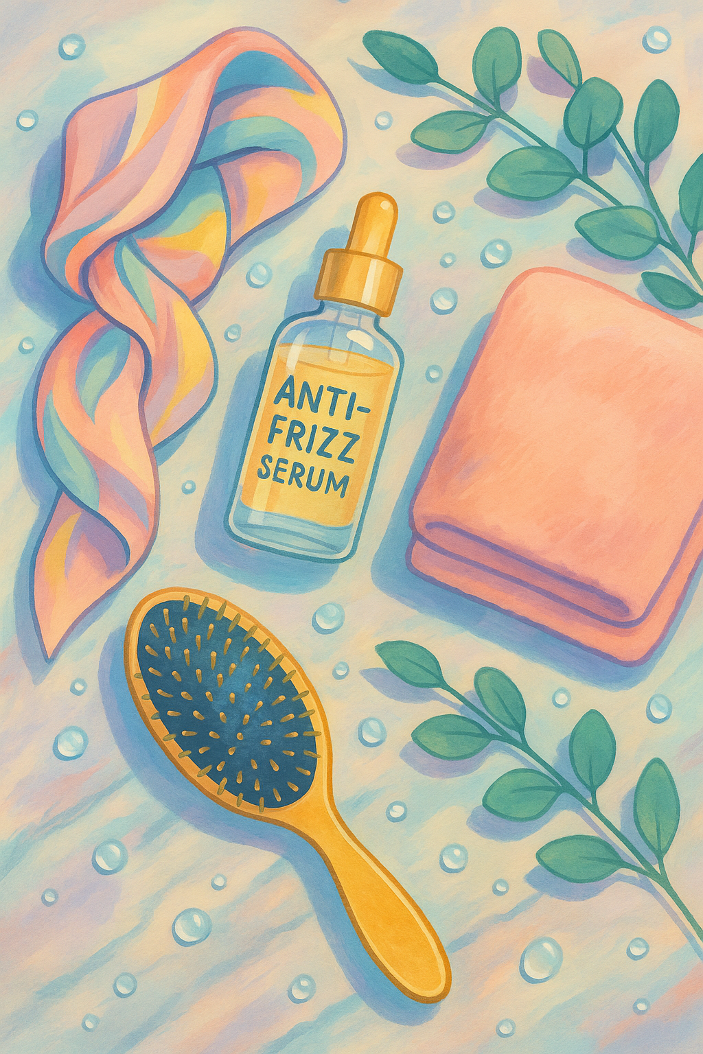 Flatlay of frizz-proof hair essentials including silk scarf, serum, and microfibre towel on marble surface.
